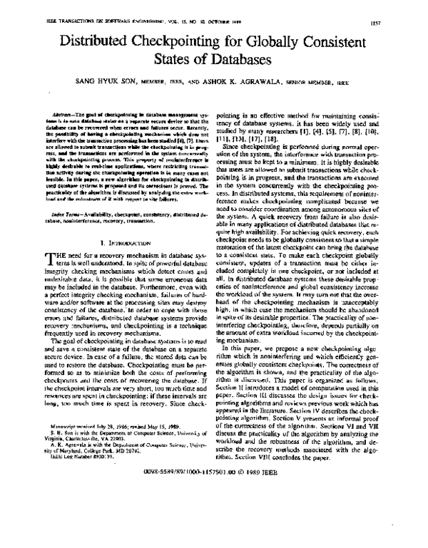 (PDF) Distributed Checkpointing for Globally Consistent States of Databases