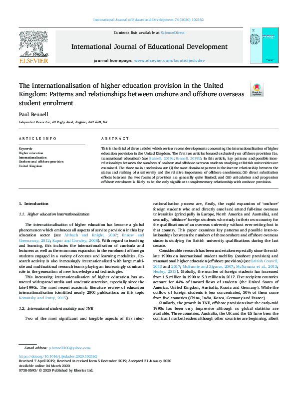 (PDF) The internationalisation of higher education provision in the ...
