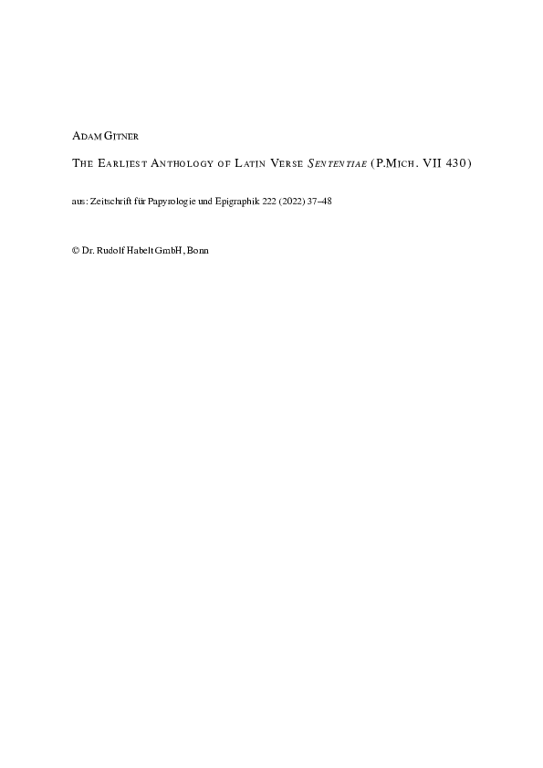 (PDF) The Earliest Anthology of Latin Verse sententiae (P.Mich. VII 430)