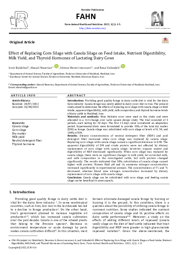 (PDF) Effect of Replacing Corn Silage with Canola Silage on Feed Intake ...