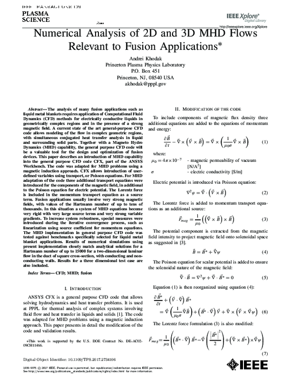 (PDF) Numerical Analysis of 2-D and 3-D MHD Flows Relevant to Fusion ...