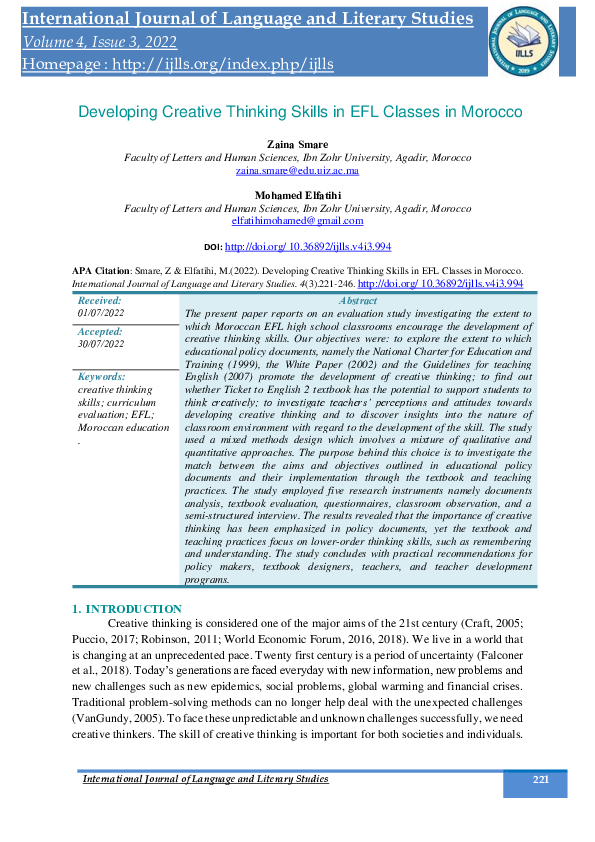 (PDF) Developing Creative Thinking Skills in EFL Classes in Morocco