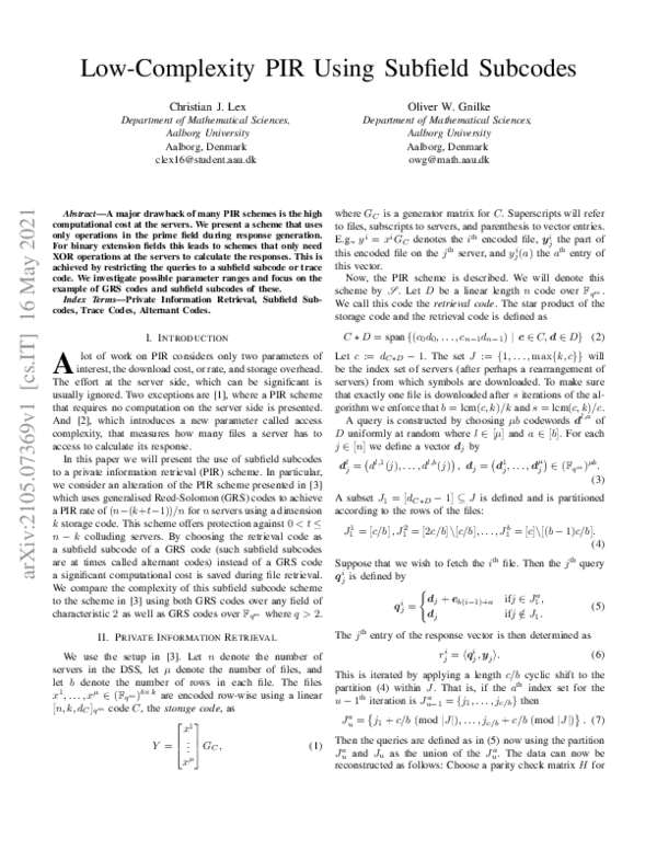 (PDF) Low-Complexity PIR Using Subfield Subcodes