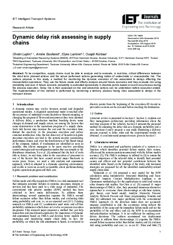 (PDF) Dynamic Delay Risk Assessing in Supply Chains