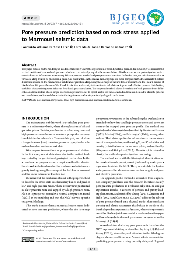 (PDF) Pore pressure prediction based on rock stress applied to Marmousi ...