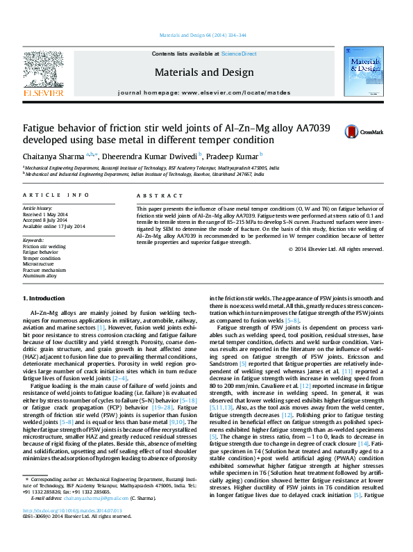 (PDF) Fatigue behavior of friction stir weld joints of Al–Zn–Mg alloy ...