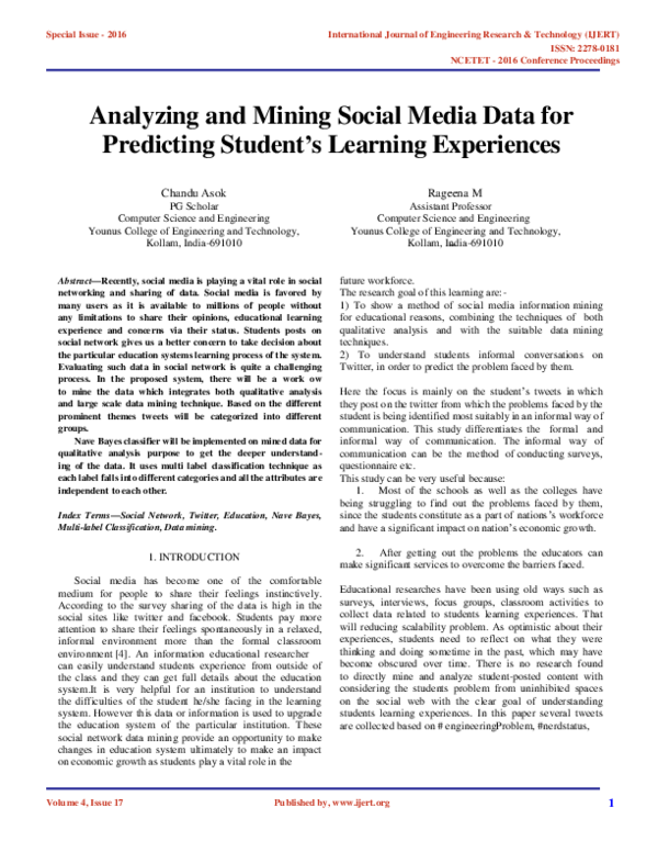 (PDF) Analyzing and Mining Social Media Data forPredicting Student's ...