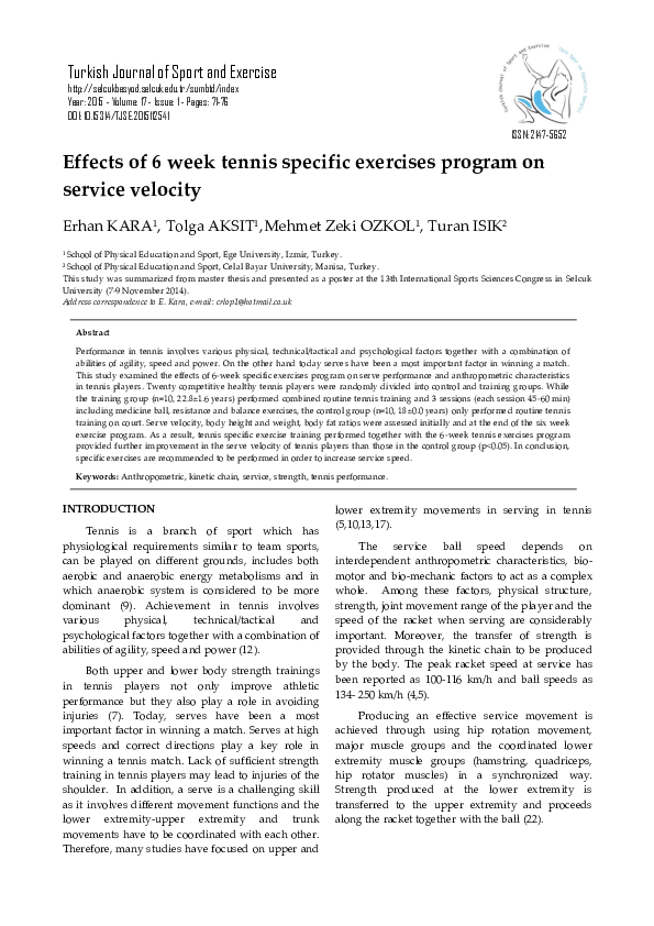 (PDF) Effects of 6 week tennis specific exercises program on service ...