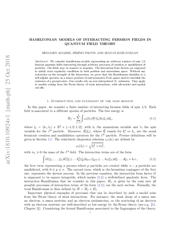(PDF) Hamiltonian models of interacting fermion fields in quantum field ...