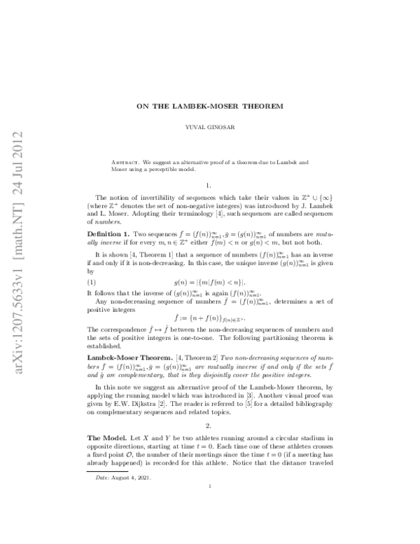 (PDF) 2 on the Lambek-Moser Theorem