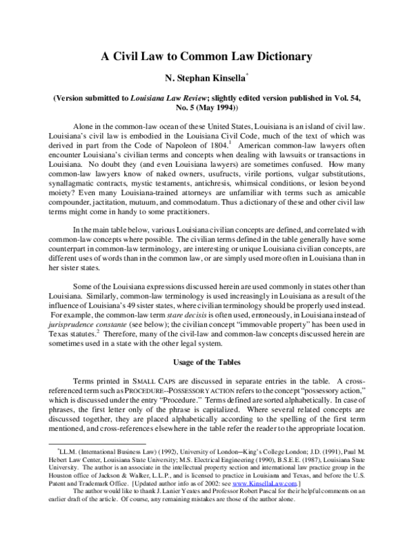 (PDF) A Civil Law to Common Law Dictionary