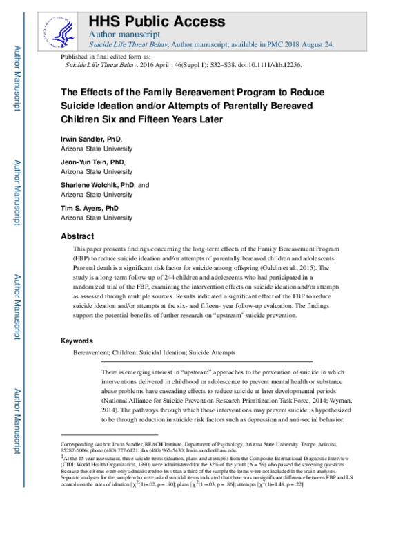 (PDF) The Effects of the Family Bereavement Program to Reduce Suicide ...