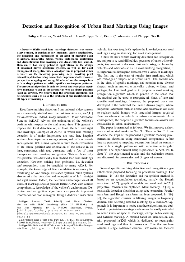 (PDF) Detection and recognition of urban road markings using images