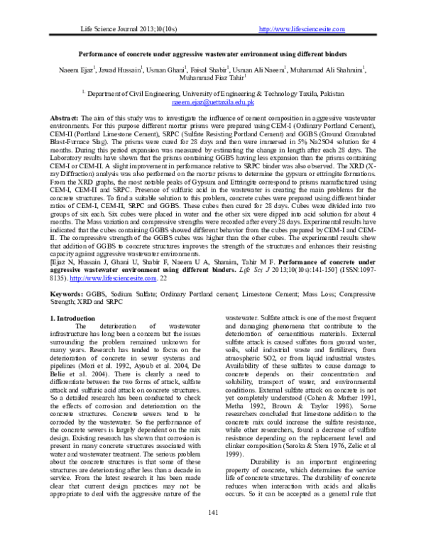(PDF) Performance of concrete under aggressive wastewater environment using different binders