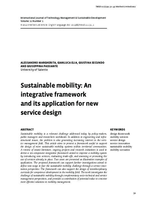 (PDF) Sustainable mobility: An integrative framework and its ...