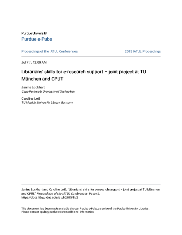 (PDF) Librarians' skills for e-research support – joint project at TU ...
