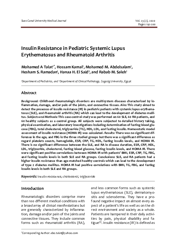 (PDF) Insulin Resistance in Pediatric Systemic Lupus Erythematosus and ...