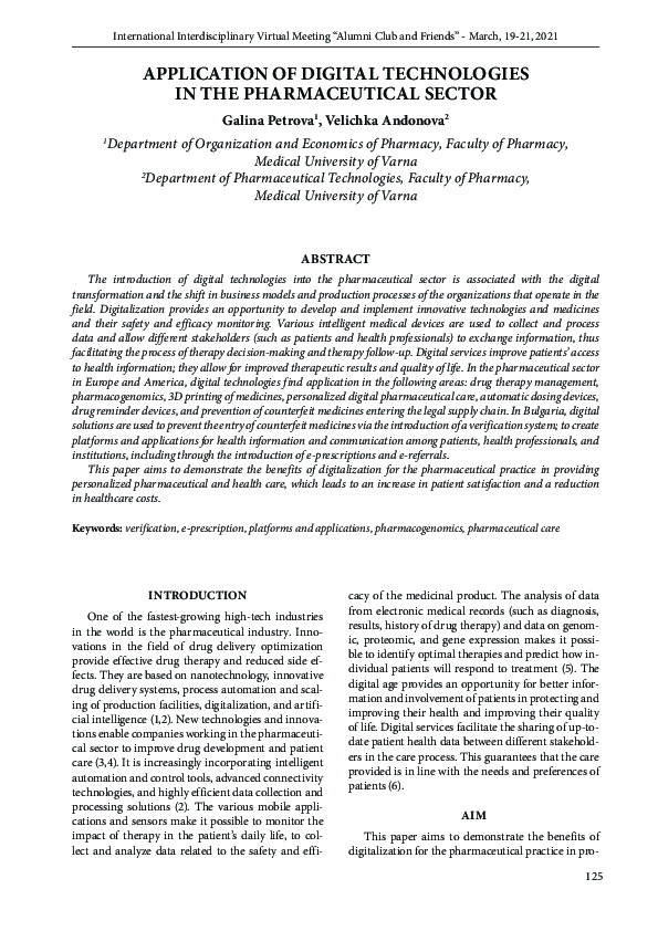 (PDF) APPLICATION OF DIGITAL TECHNOLOGIES IN THE PHARMACEUTICAL SECTOR