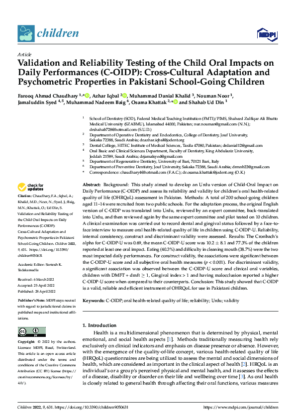 (PDF) Validation and Reliability Testing of the Child Oral Impacts on ...