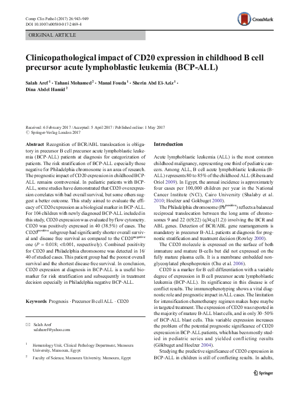 (PDF) Clinicopathological impact of CD20 expression in childhood B cell ...