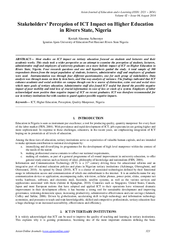 (PDF) Stakeholders’ Perception of ICT Impact on Higher Education in ...