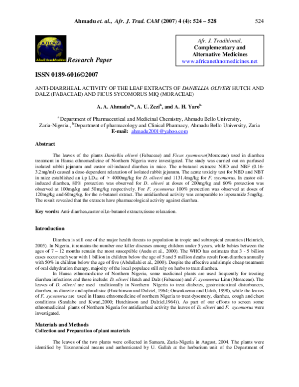 (PDF) Anti-Diarrheal Activity Of The Leaf Extracts Of Daniellia oliveri ...