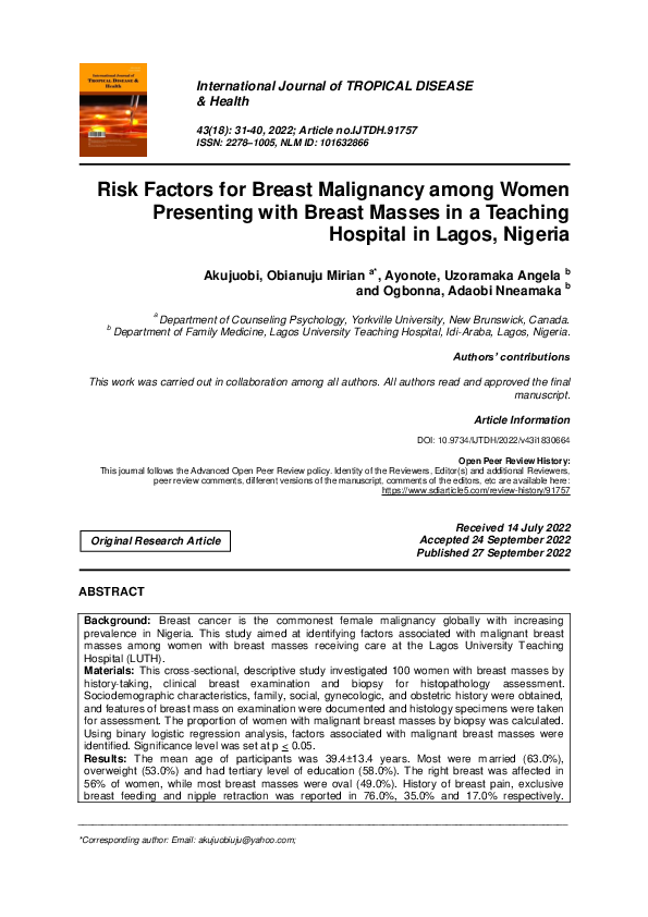 (PDF) Risk Factors for Breast Malignancy among Women Presenting with ...