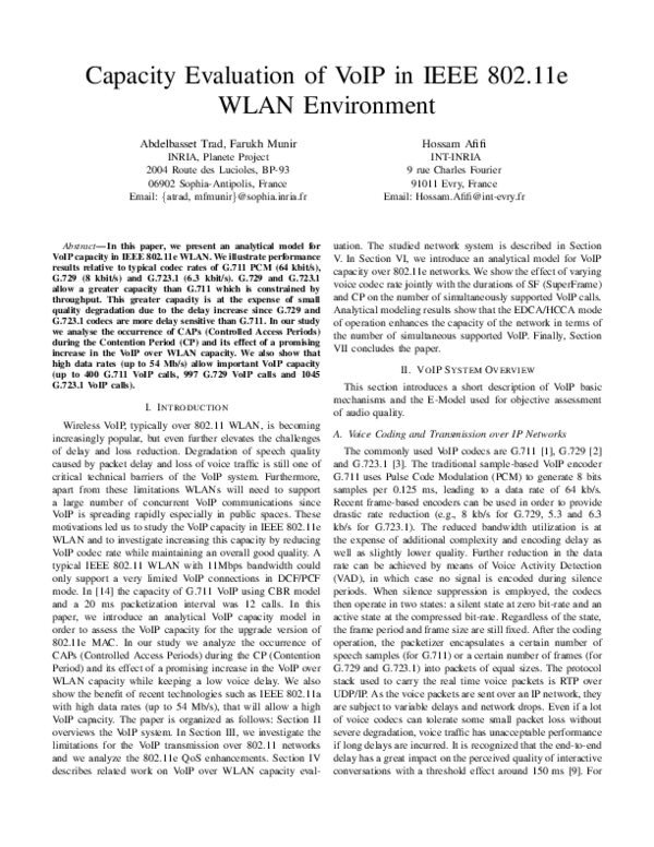 (PDF) Capacity evaluation of VoIP in IEEE 802.11 e WLAN environment
