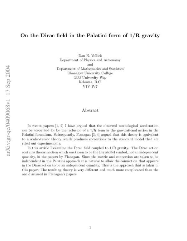 (PDF) On the Dirac field in the Palatini form of 1/R gravity