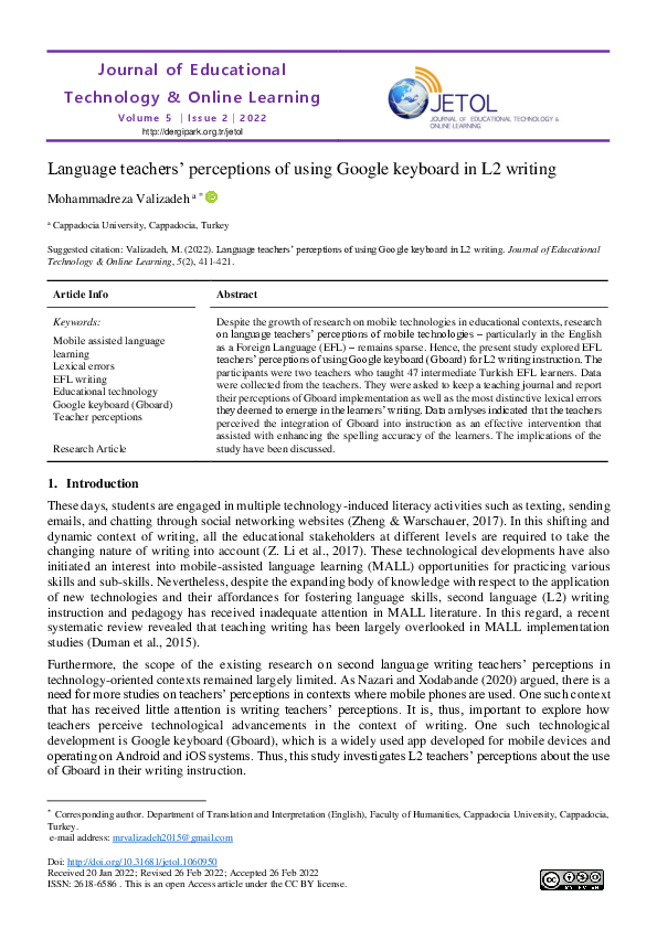 (PDF) Language teachers' perceptions of using Google keyboard in L2 writing