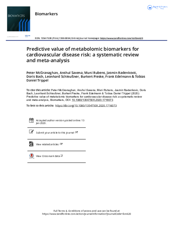 (PDF) Predictive value of metabolomic biomarkers for cardiovascular ...