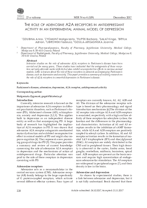 (PDF) The role of adenosine a 2 a recepTors in anTidepressanT acTiviTy ...