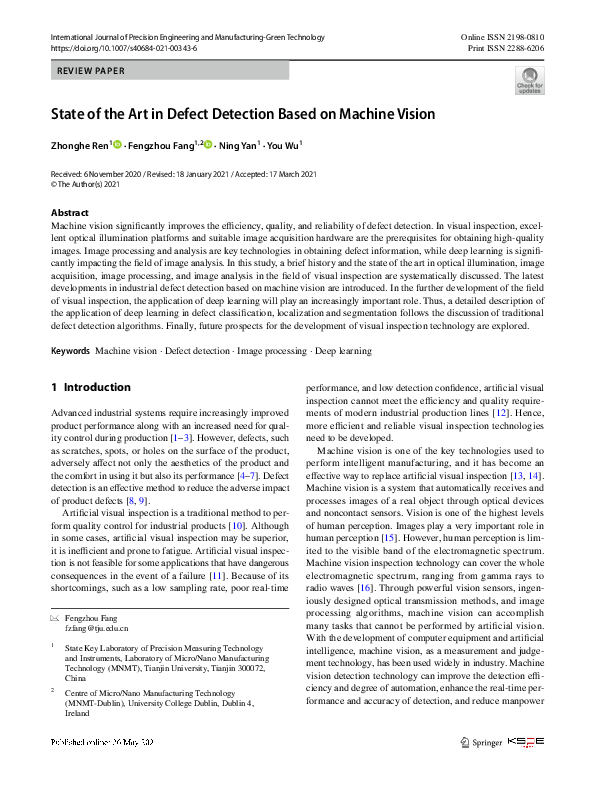 (PDF) State of the Art in Defect Detection Based on Machine Vision