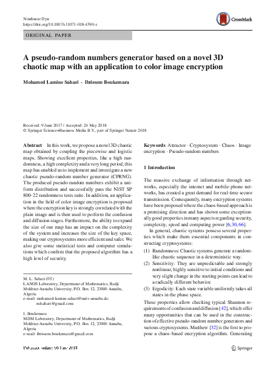 (PDF) A pseudo-random numbers generator based on a novel 3D chaotic map ...