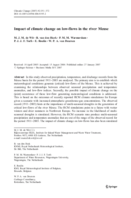 (PDF) Impact of climate change on low-flows in the river Meuse