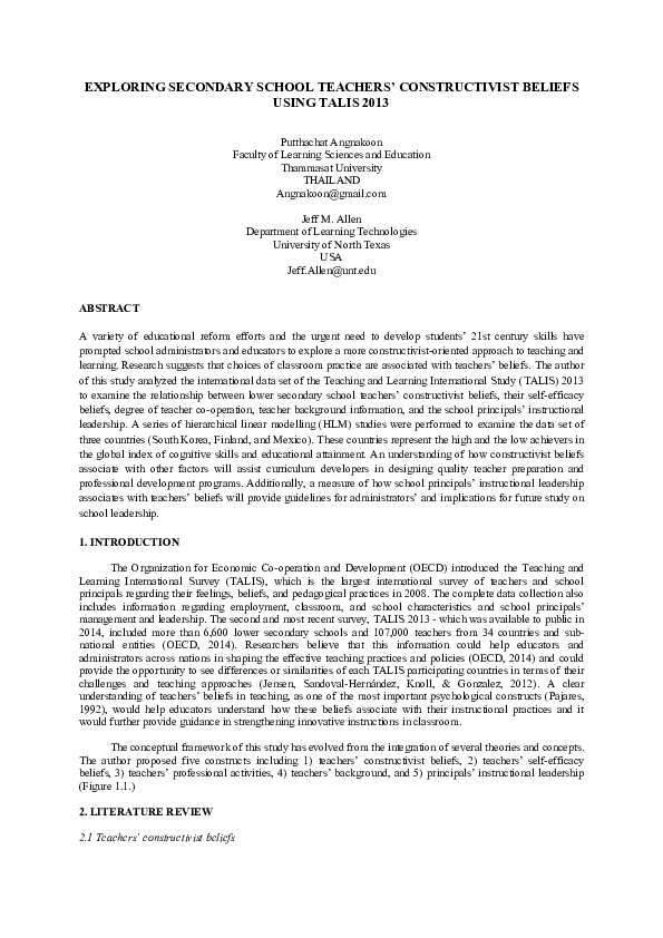 (PDF) Exploring Secondary School Teachers’ Constructivist Beliefs Using ...