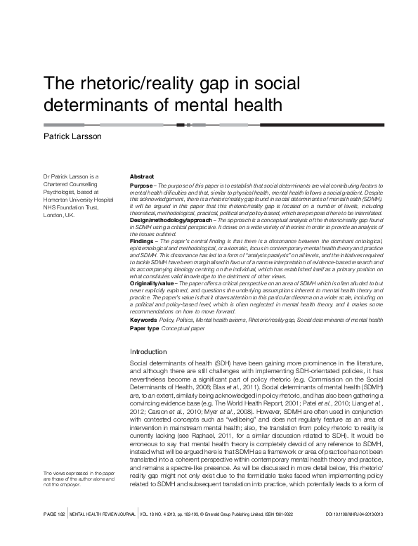 (PDF) The rhetoric/reality gap in social determinants of mental health