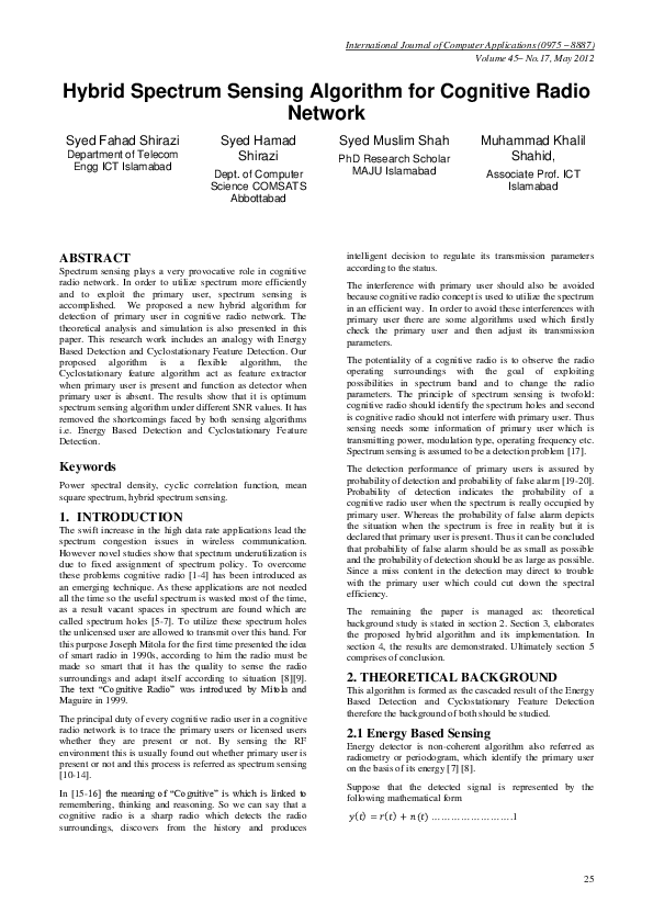 (PDF) Hybrid Spectrum Sensing Algorithm for Cognitive Radio Network