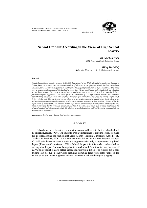 (PDF) School Dropout According to the Views of High School Leavers