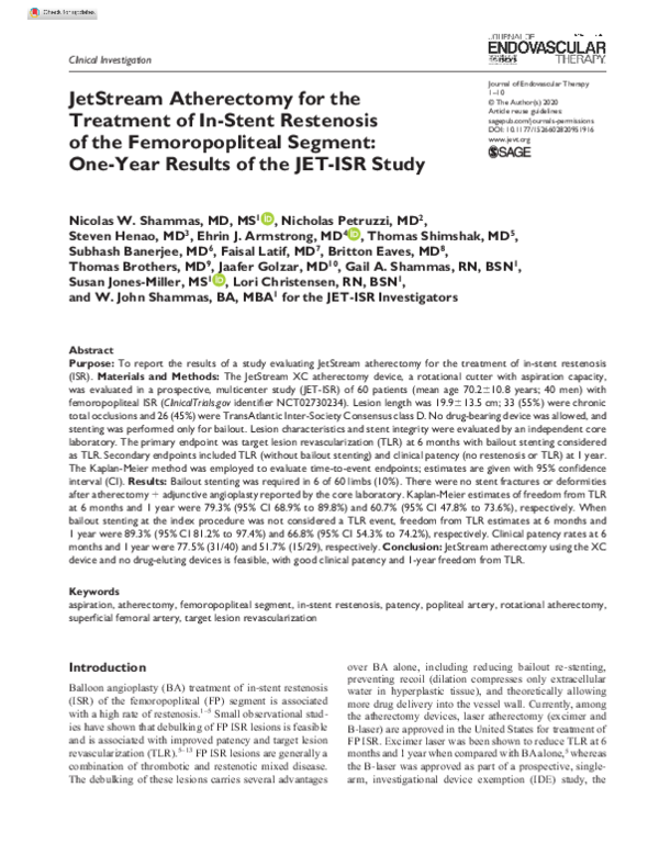 (PDF) JetStream Atherectomy for the Treatment of InStent Restenosis of