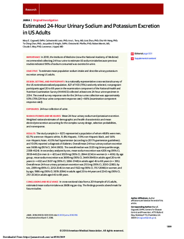 (PDF) Estimated 24-Hour Urinary Sodium and Potassium Excretion in US Adults