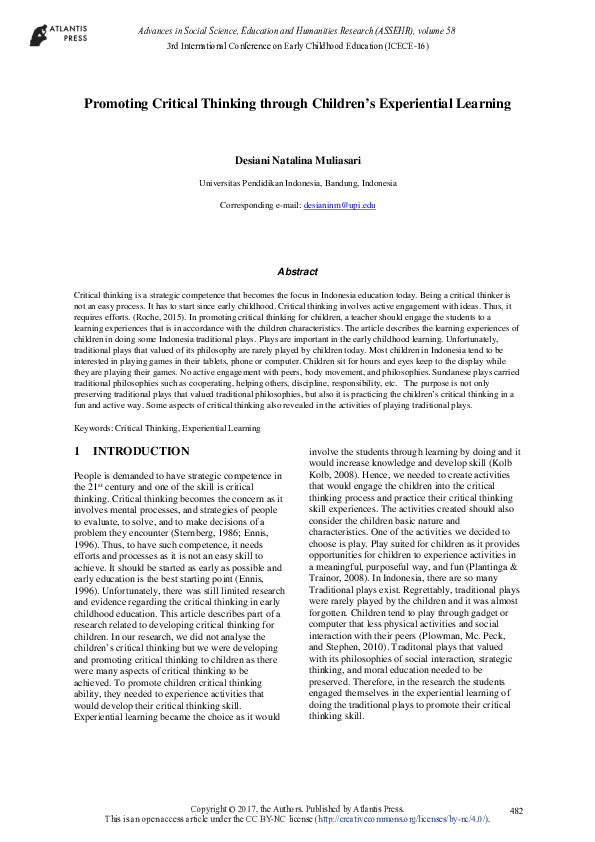 (PDF) Promoting Critical Thinking through Children's Experiential Learning