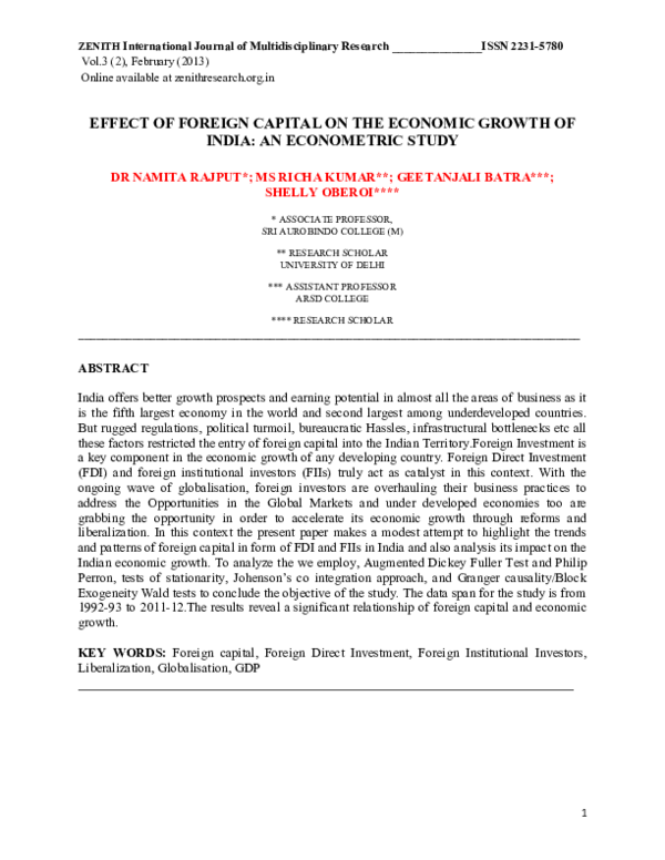 (PDF) Effect of foreign capital on the economic growth of India: An ...