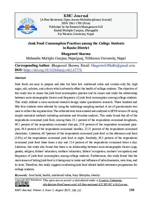 (PDF) Junk Food Consumption Practices among the College Students in ...