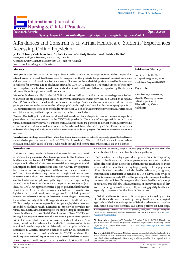 (PDF) Affordances and Constraints of Virtual Healthcare: Students ...