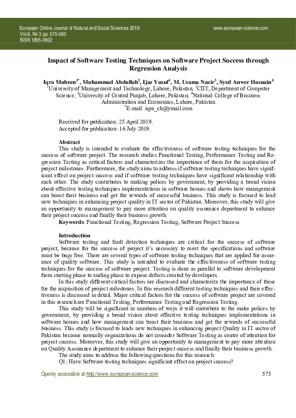 (PDF) Impact of Software Testing Techniques on Software Project Success ...