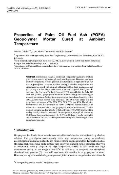 (PDF) Properties of Palm Oil Fuel Ash (POFA) Geopolymer Mortar Cured at ...