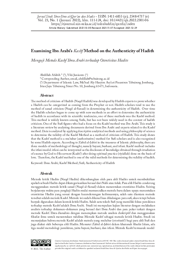 (PDF) Examining Ibn Arabi’s Kashf Method on the Authenticity of Hadith