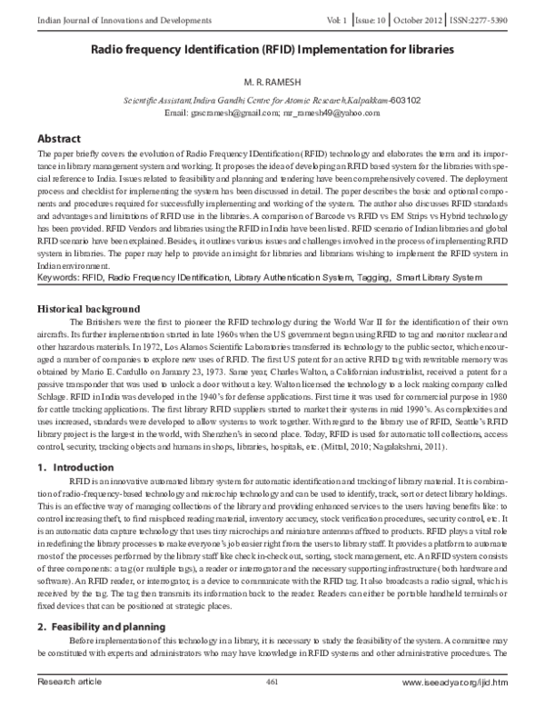(PDF) Radio frequency Identification (RFID) Implementation for libraries