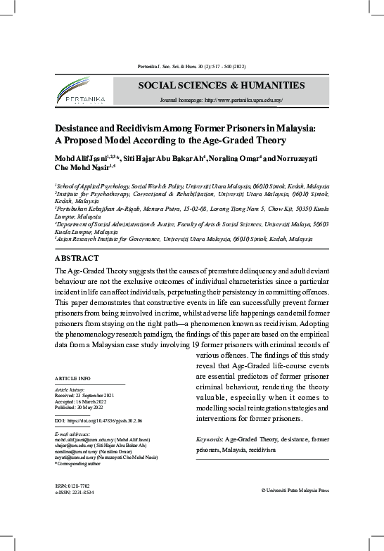 (PDF) Desistance and Recidivism Among Former Prisoners in Malaysia: A ...